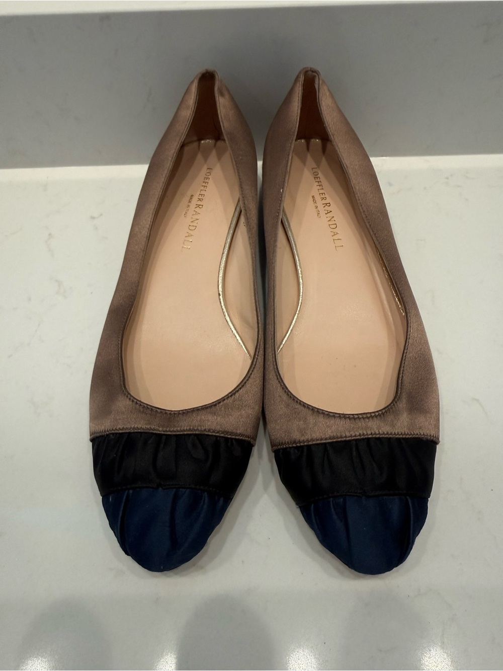 Loeffler Randall Town Satin Ballet Flats Tan Blue Black Slide On Shoes Size 7